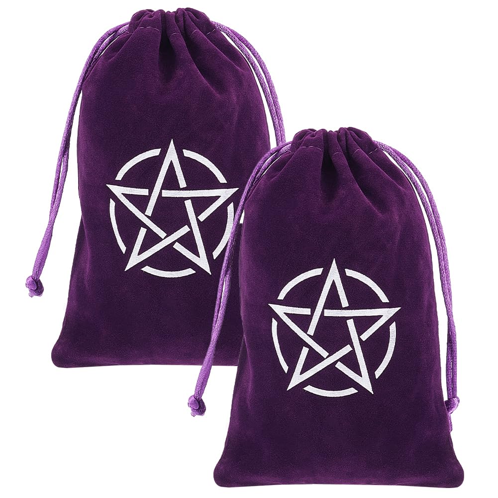CREATCABIN 2Pcs Purple Tarot Storage Bag Velvet Drawstring Packing Pouches Pentagram Gift Bag Protective for Witch Tarot Dice Card Jewelry Crystal Fortune Telling Card Pouch Halloween 7.1x4.7Inch