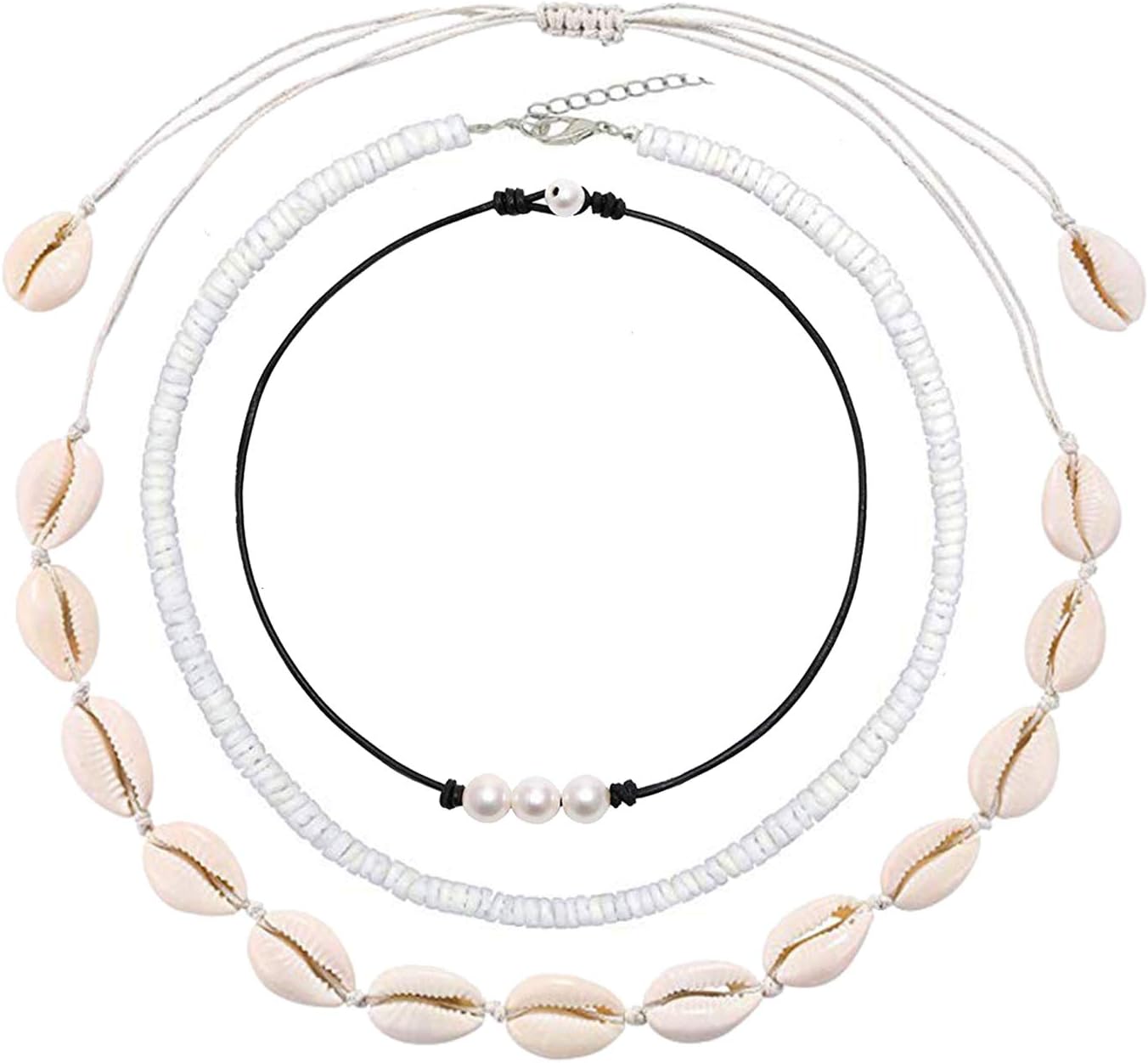 Cowrie Shell Necklace for Women,Puka Shell Necklace Conch Shell Anklet Hawaiian Seashell Pearls Choker Set