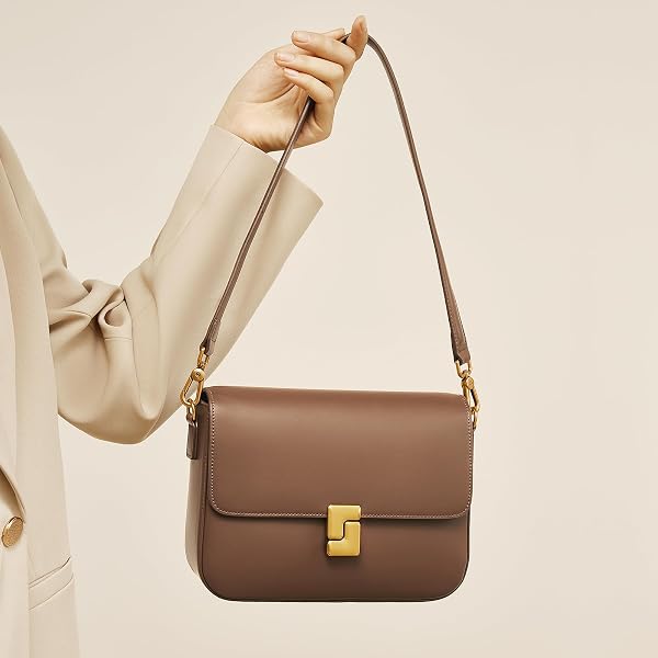 FOXLOVER CLASSIC LEATHER CROSSBODY SHOULDER BAG WITH GOLD-TONE BUCKLE-ADJUSTABLE STRAP ELEGANT PURSE, BROWN