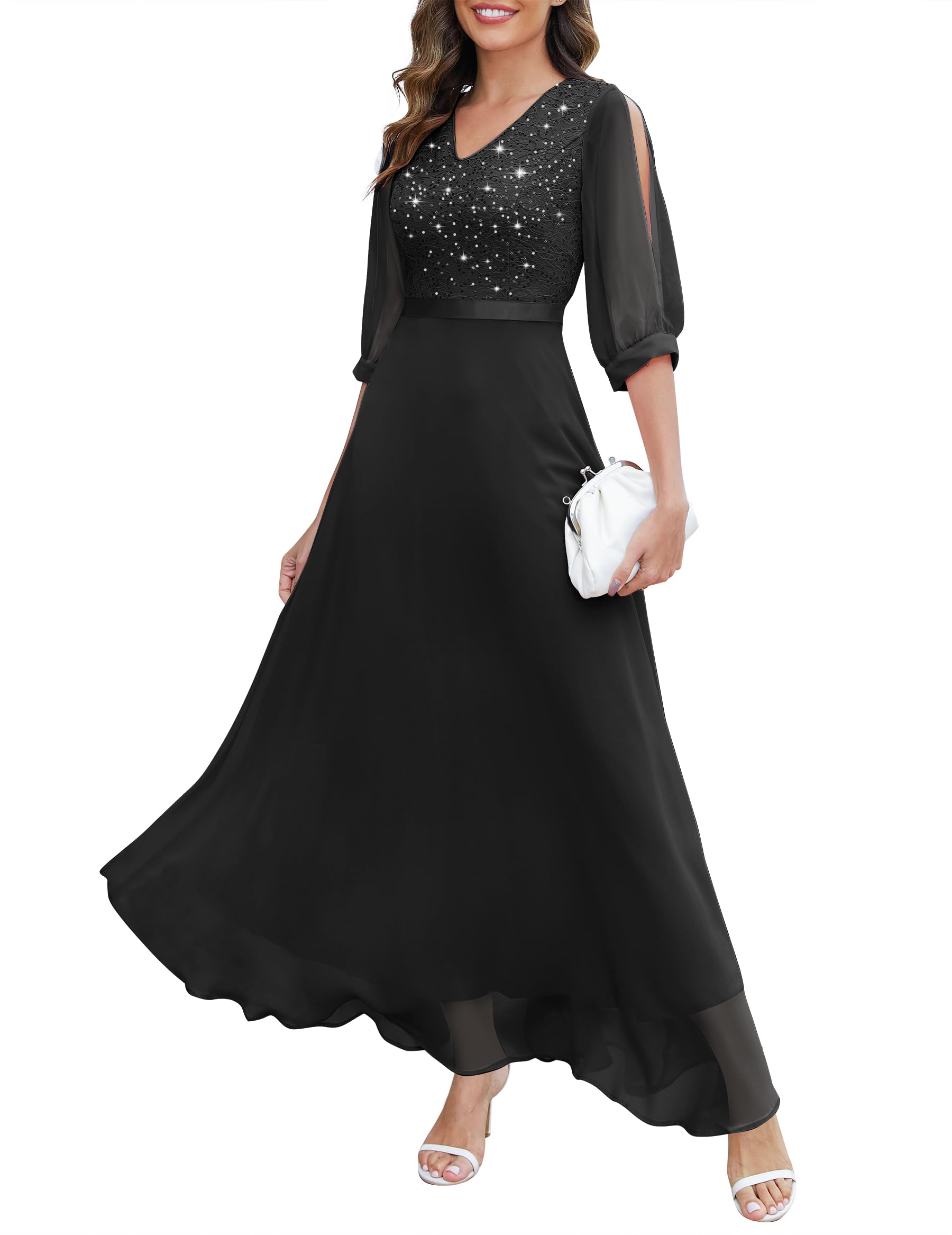 Photo 1 of Wedtrend Women's Sequin Maxi Dress Slit Sleeve Semi Formal Dresses Sparkly Cocktail Party Dress Elegant Evening Gowns for Women Formal WT0317BlackM