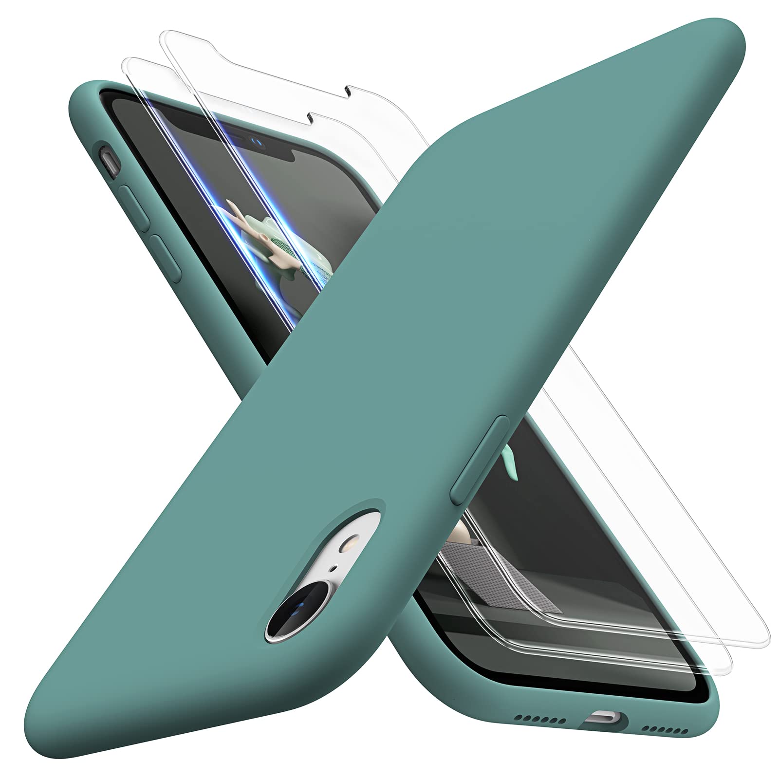 TOCOL 3 in 1 for iPhone XR Case, with 2 Pack Tempered Glass Screen Protector, Liquid Silicone Slim Shockproof Cover [Anti-Scatch] [Drop Protection] iPhone XR Phone Cases 6.1 Inch, Midnight Green