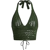 Naileksi Women Lace Up Backless Crochet Crop Halter Top Y2k Slim Fit Sleeveless V Neck Self Tie Back Knit Crop Cami Top