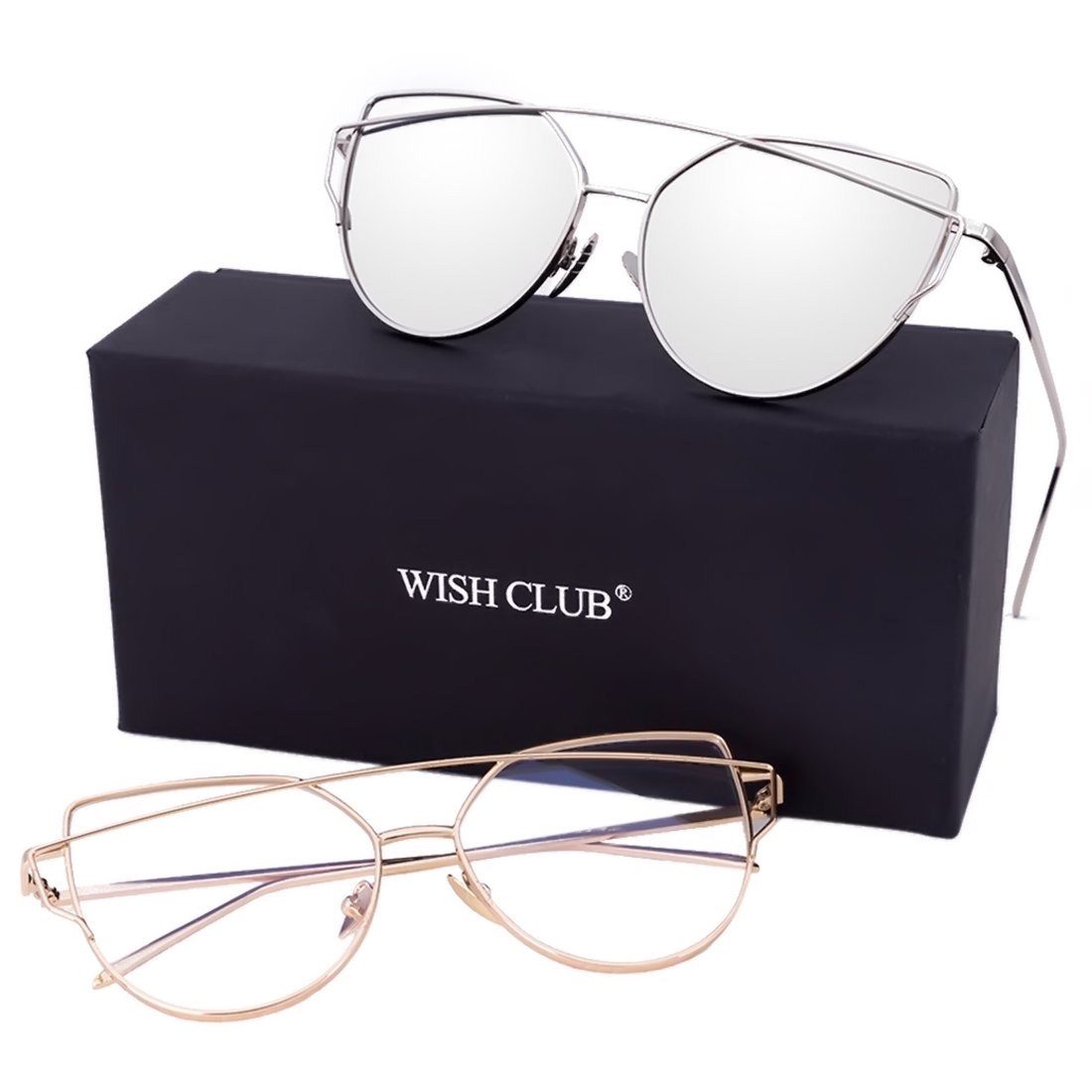 WISH CLUB Women Cat Eye Polarized Sunglasses Mirrored Reflective Flat Wide Lenses Metal Frame UV 400 Glasses (silver1)