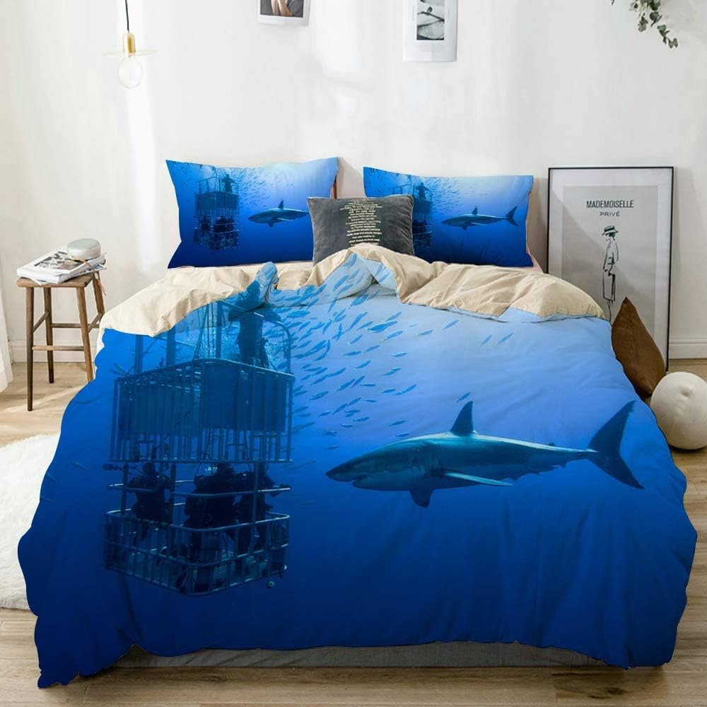 TMSSUNCI Microfiber Duvet Cover,Big Deep Carcharodon Friendly Lamniformes Dangerous Stunning Sun Cage Diving Shark Hunt, Duvet Cover Bedding Sets 3-Piece (Queen/Full/88 x88)