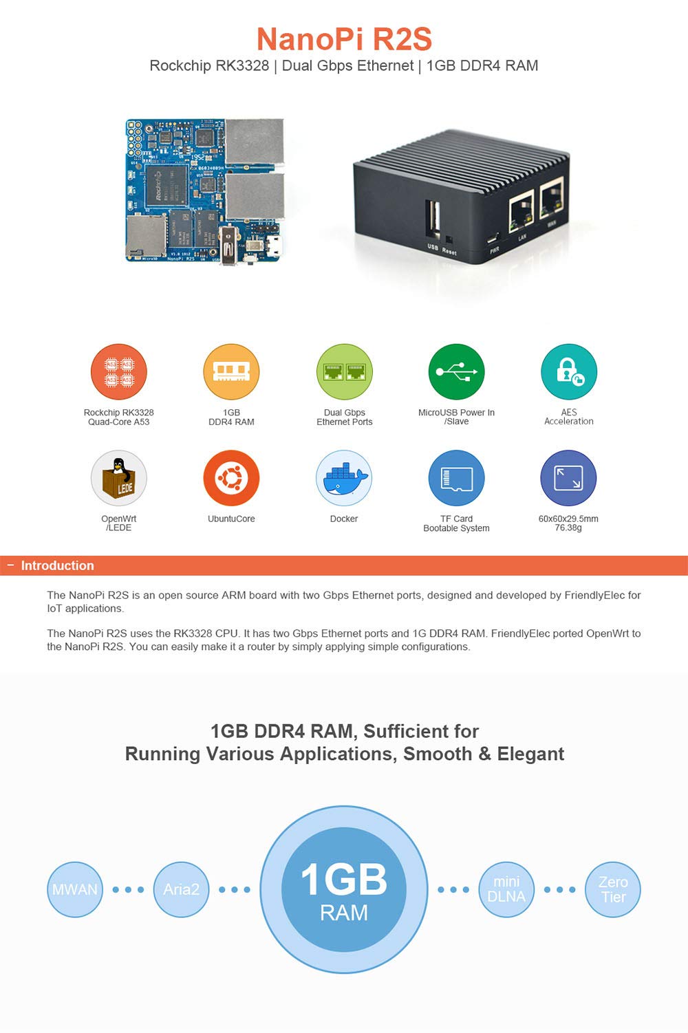 NanoPi R2S Open Source Mini Router with Dual-Gbps Ethernet Ports 1GB DDR4 Based in RK3328 Soc for IOT NAS Smart Home Gateway, Bundle with CNC Metal Case