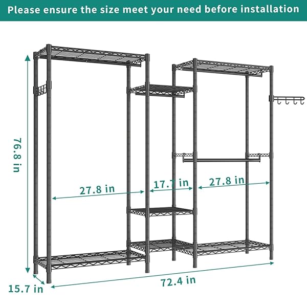 EXGLOBOL HEAVY DUTY GARMENT RACK, PORTABLE WARDROBE CLOTHES RACK FREESTANDING ADJUSTABLE CLOTHING RACK WITH 7 TIERS ADJUSTABLE WIRE SHELVING AND 4 HANGER RODS, MAX LOAD 920LBS
