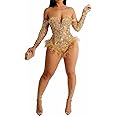 Figdaw Rhinestone Sequin Bodysuit Birthday Outfit for Women Sexy Party Night