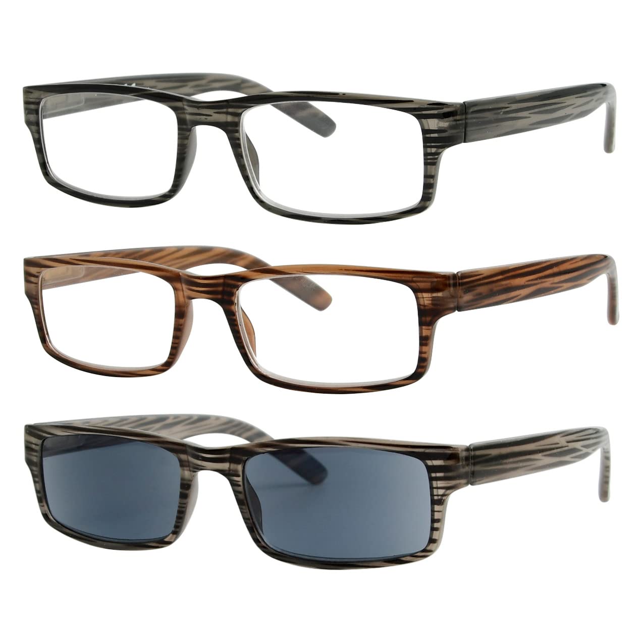 Eyekepper Spring Hinge Striped Reading Glasses (3 Pairs) Men Includes Sunshine Readers +4.00