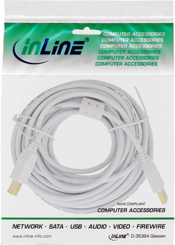 InLine 10m USB 2.0 A to B Cable White/Gold with Ferrite Core - Compatible with Printers - Image 3