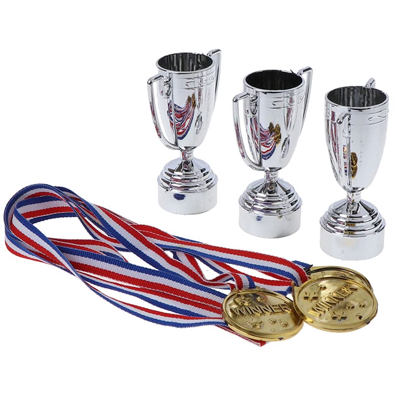 Multi sport Award Plastic Golden Trophy Cups Lightweight Award Medals For Party Favors Props Winning Prizes Competitions Medals With Neck Ribbons Olympic Style For Kids And children (3 trophy cups)