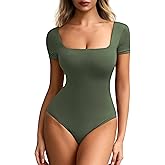 Mobeso Women's Sexy Square Neck Double-Lined Bodysuits Short Sleeve T-Shirts Body Suits Summer Slim Fitted Tops