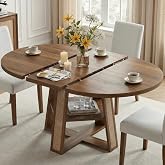LIKIMIO Dining Table, 43"-59" Extendable Round to Oval with Storage, Walnut | Wooden Oval Kitchen Table for 4-8 People, Rattan Style, Removable Leaves, Space-Saving for Kitchen Living Room