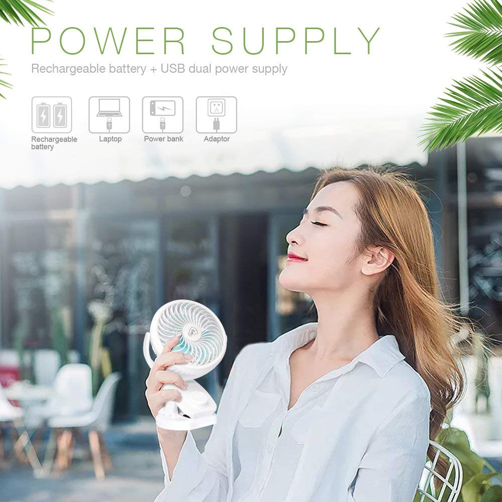 Ausein Mini Clip-on Fan 5000mAh Rechargeable Battery Operated USB Desk Fan Portable Personal Fan Small Quiet Stroller Fan for Home, Office, Travel, Camping, Baby Pram, Pushchairs, Buggy, Car (White)