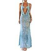 Milumia Women's Tie Dye Print Swimsuit Coverup Dress Halter Deep V Neck Summer Beach Maxi Dresses