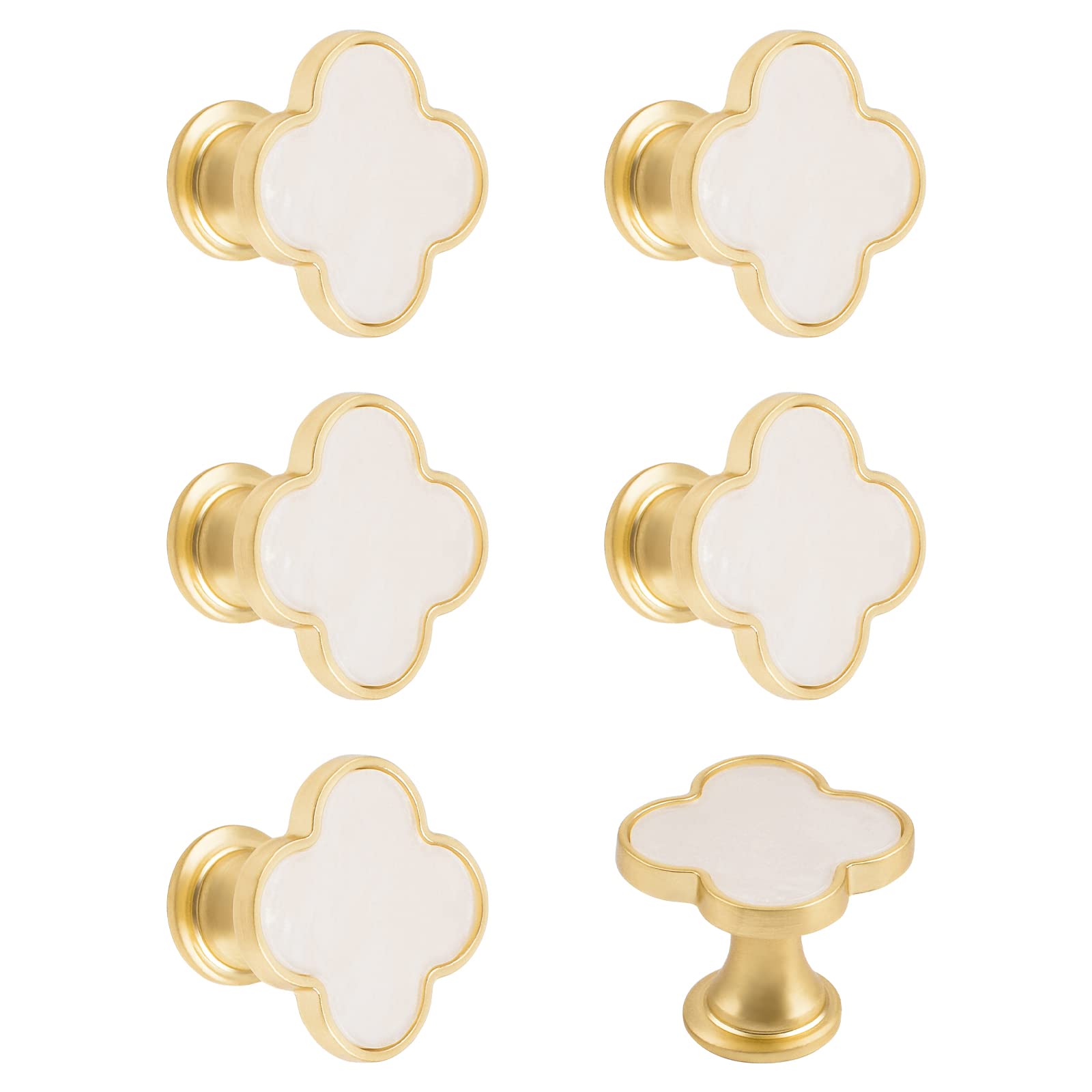 MOROBOR 6PCS Four-Leaf Clover Handle, Creative Cabinet Drawer Pulls Multifunctional Single Hole Zinc Alloy Knobs for Dresser Wardrobe Door Furniture Accessories/Gold Base with White Surface