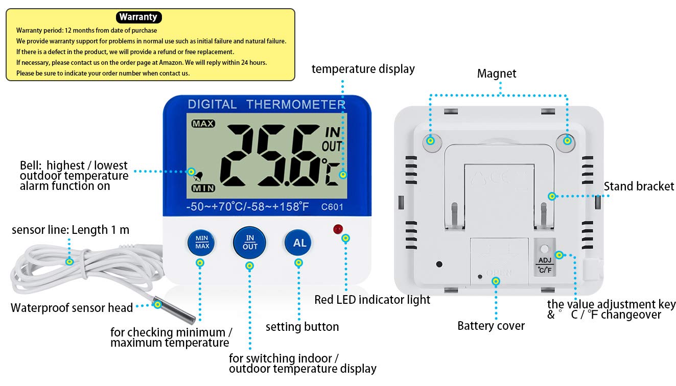 Fridge Freezer Thermometer Max/Min Memory LXSZRPH High & Low Temperature Alarms Settings with