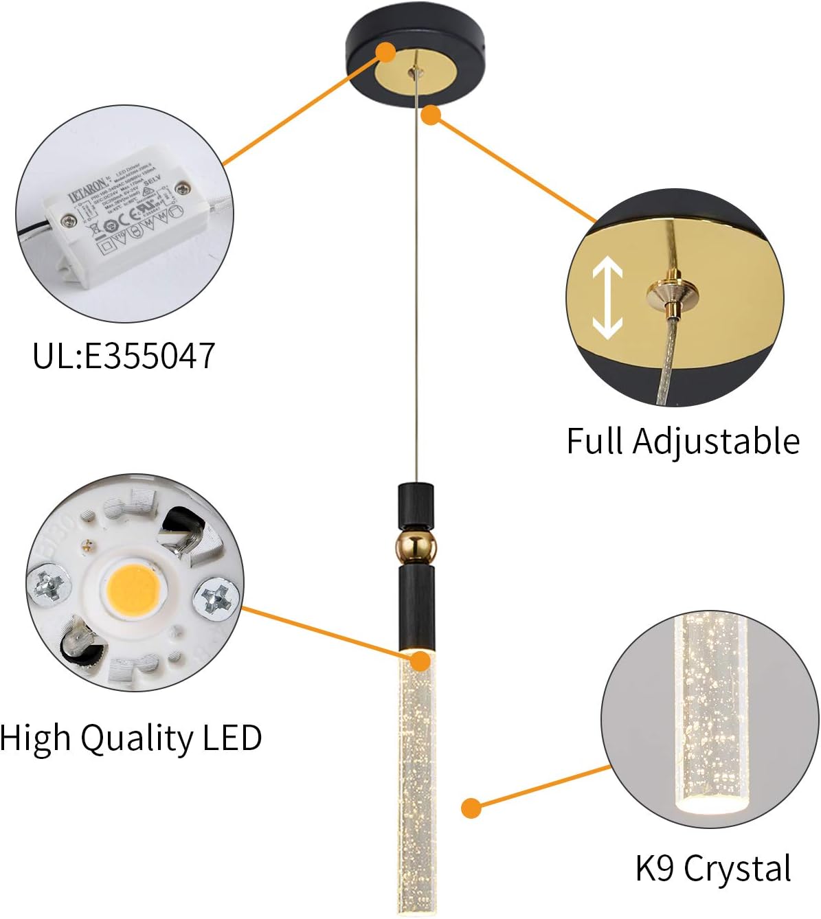 JoollySun Modern Pendant Light Fixtures - Mini LED Hanging Lighting with Seeded Crystal Cylinder for Kitchen Island Dining Room Bedroom Warm White 3000K - Black Gold - - 