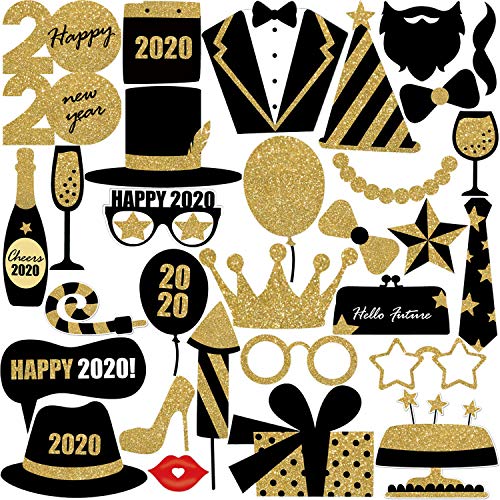 New Year's Photo Booth Props Kit(30Pcs)- 2020 New Year Eve Photo Props Creative Selfie Props Celebration Party Favor for New Year Eve Party Decoration (Gold2) - Thumbnail 7