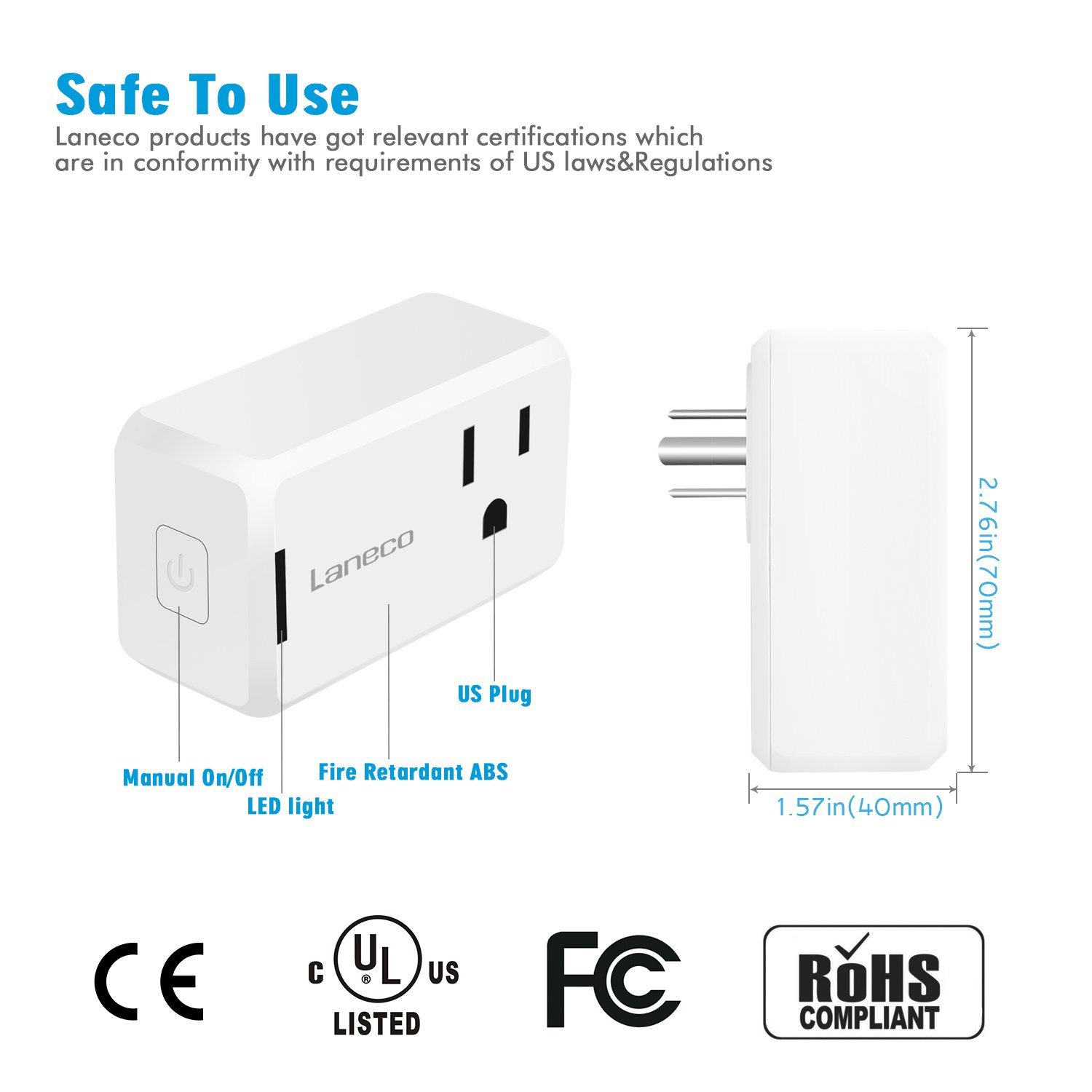 WiFi Smart Plug (2 Pack), Laneco Mini Wireless smart socket Outlet with Timing Function, Control Your Devices from Anywhere Via Free APP, Compatible with Alexa & Google Home, No Hub Required