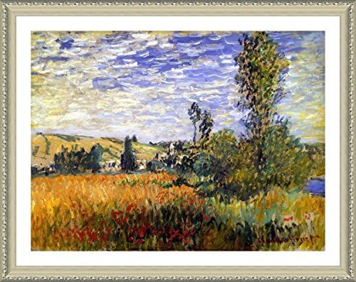 Alonline Art Landscape Vetheuil Claude Monet Biege FRAMED POSTER (Print on 100% Cotton CANVAS on foam board) - READY TO HANG | 31"x24" | Framed Artwork For Living Room Framed Paintings Framed Print