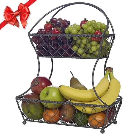 DFBGL Pan de Frutas para encimera de 2 Niveles, Recipiente de