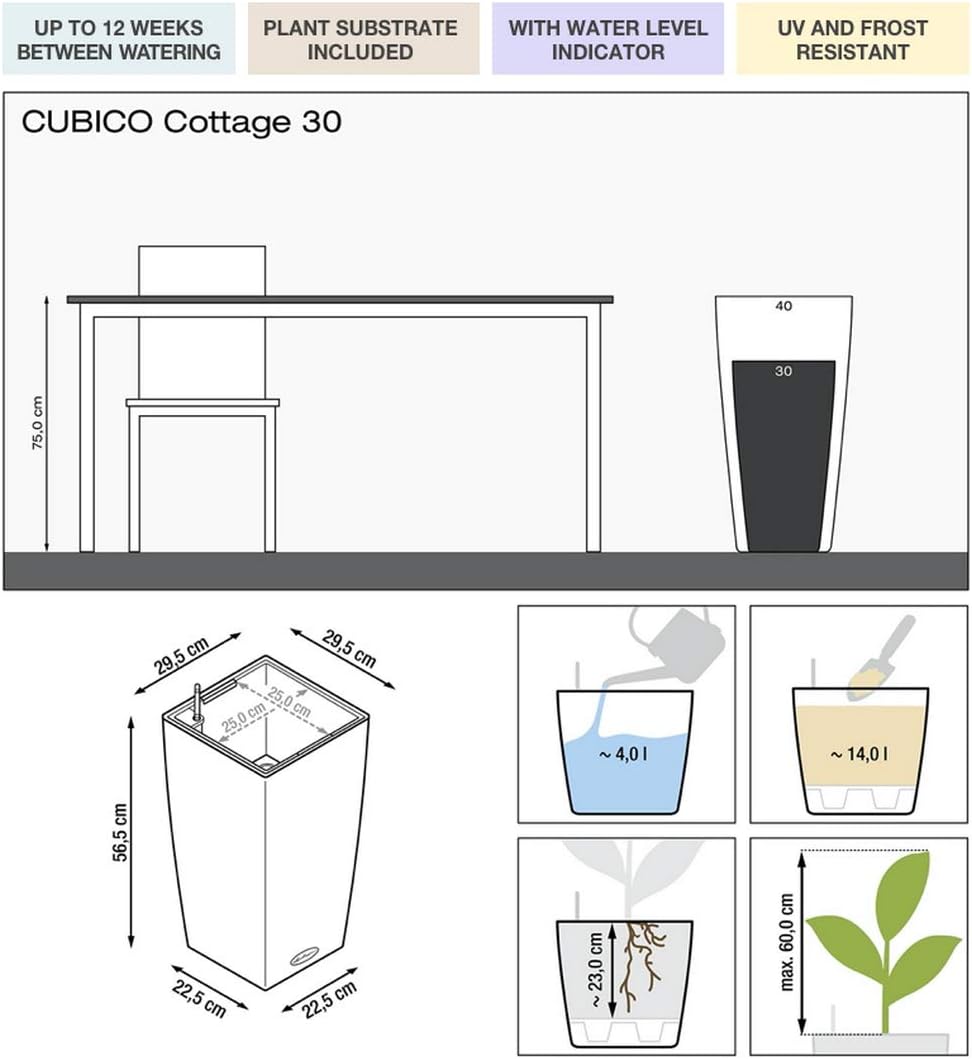 Lechuza Self Watering Plant Pots CUBICO Cottage 30 Rattan Look Plastic Garden Outdoor Indoor Planter with Drainage Hole H56 L30 W30 cm Mocha - Image 3
