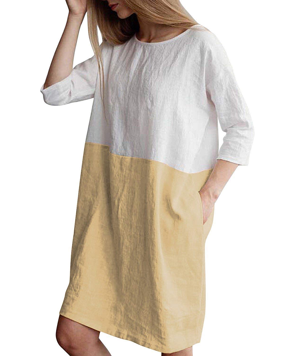 Women's Oversized 3/4 Sleeve Color Block Cotton Linen Top Loose T Shirt