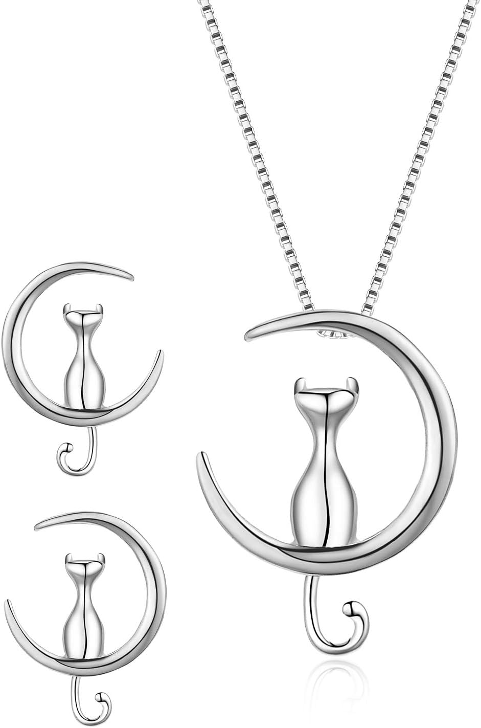 WRISTCHIE Sterling Silver Jewelry Cat On Moon Pendant Necklace 18"