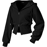 GIVON Women’s Cropped Zip-Up Hoodie Two Way Cotton Blend Casual Long Sleeve Wide Ribbed Hem Hooded Sweatshirts