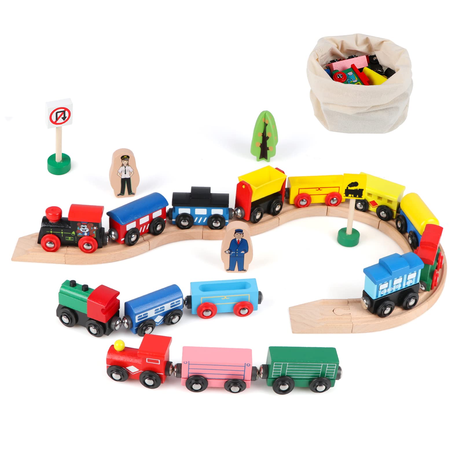 Jacootoys 31 PCS Wooden Magnetic Train Cars Set 15 Cars 10 Tracks with Storage Bag for Kids Toddlers, Compatible with Major Brands Train Tracks Set