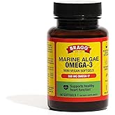 Bragg Omega-3 Supplement Capsules with DHA and EPA - 60 Vegan Softgels - Sustainably-Sourced Marine Algae - Supports Eye and Brain Health