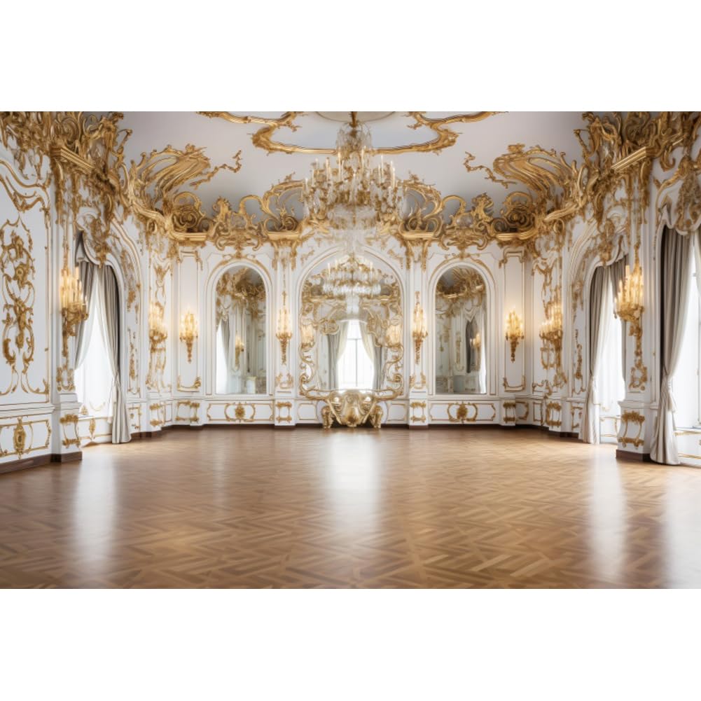 Photo 1 of Ruelvth 10x8ft Palace Backdrop for Photoshoot, Golden Vintage European Castle Hall Photography Background Luxurious Hotel Chandelier Ballroom Backdrop Wedding Birthday Party Video Background