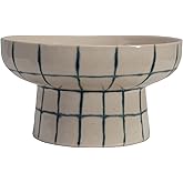 Creative Co-Op Stoneware Pedestal Bowl with Grid Pattern, Cream Color