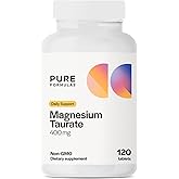 Pure Formulas Magnesium Taurate 400mg - 120 Tablets - Non-GMO Magnesium Supplement for Cardiovascular Health, Muscle Function, and Relaxation - Essential Mineral with Calming Taurine - 1-Month Supply