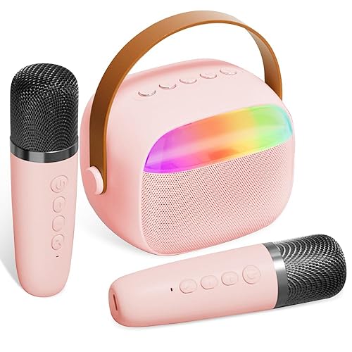 Karaoke Machine for Kids & Adults - Portable Bluetooth Speaker with 2 Wireless Microphones, Voice Changing Effects & LED Lights for Ages 3-30 (Pink)