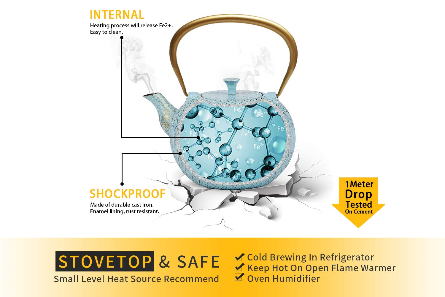 Tea Kettle, Toptier Japanese Cast Iron Tea Kettle for Stove Top, Stovetop Safe Teapot with Infusers for Loose Tea, 34 Ounce (1000 ml), Turquoise Melody