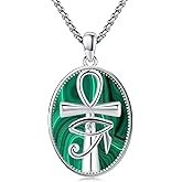 StoryEtain Abalone/Black Onyx/Turquoise/Malachite/Snake Ankh Necklace 925 Sterling Silver Ancient Egyptian Protection Jewelry Eye of Horus Pendant Punk Hip Hop Gifts for Men Women Father