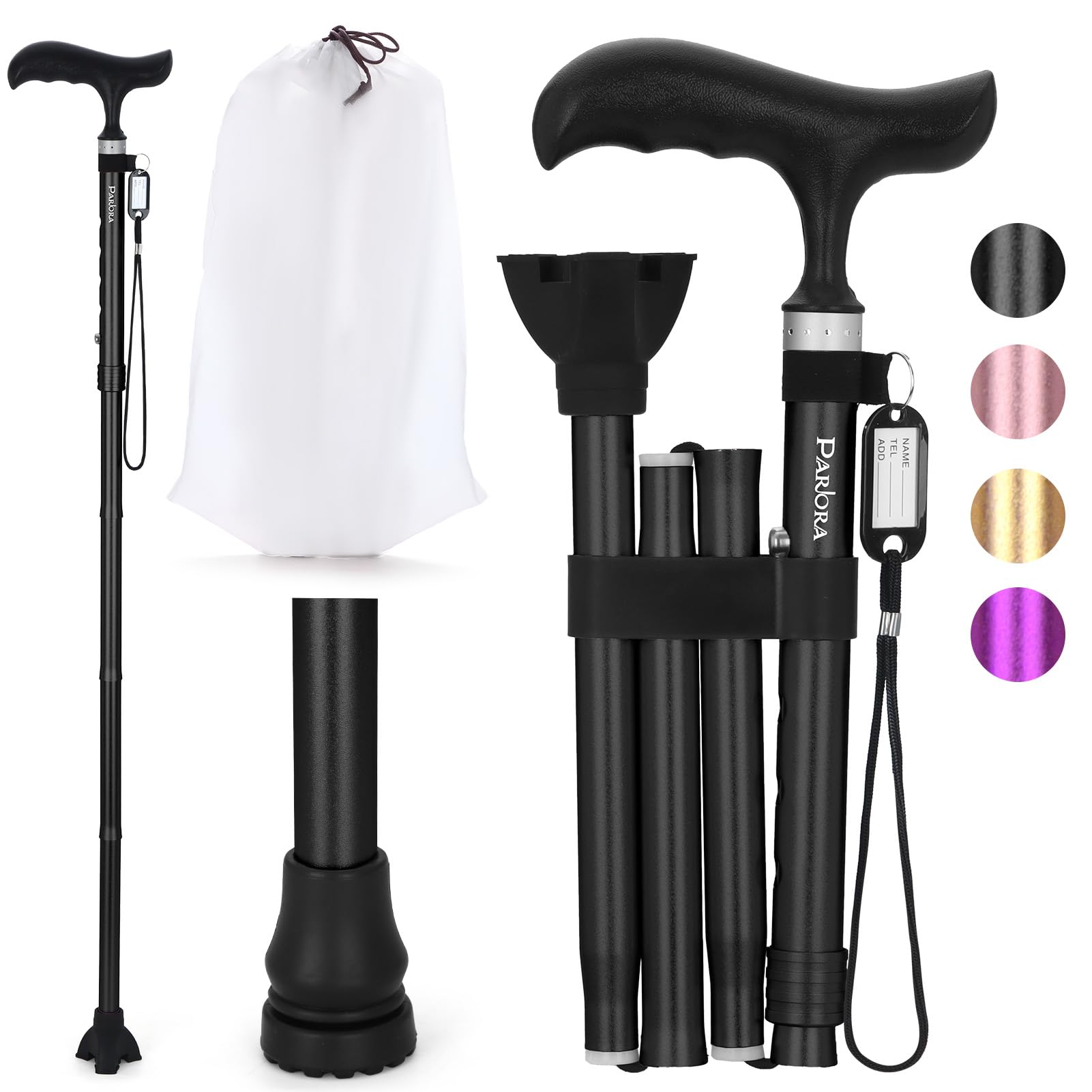 Photo 1 of Parlora Folding Walking Cane for Women/Men-Lightweight, Adjustable, Collapsible Walking Stick for Seniors & Adults, Balancing Mobility Aid with Anti-Slip Tip, Compact for Travel and Daily Use (Black)