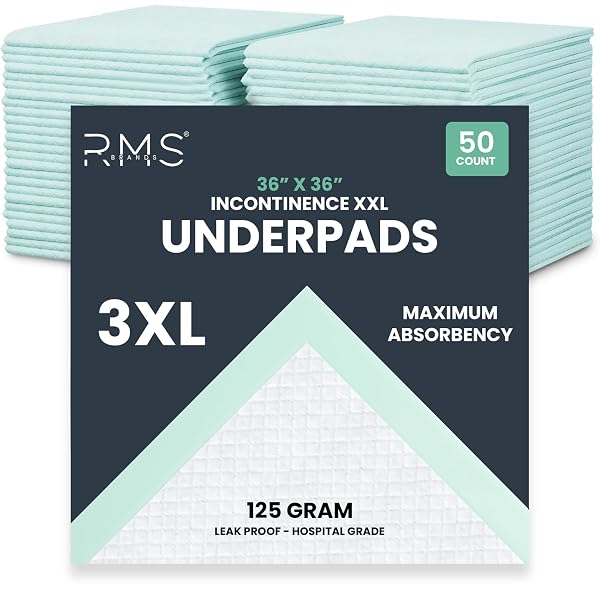 RMS BRANDS DISPOSABLE UNDERPADS 36″ X 36″, 50 COUNT, SUPER ABSORBENT HOSPITAL GRADE INCONTINENCE BED PADS, LEAK PROOF, QUILTED CHUX PADS FOR ADULTS, SENIORS, KIDS & PETS