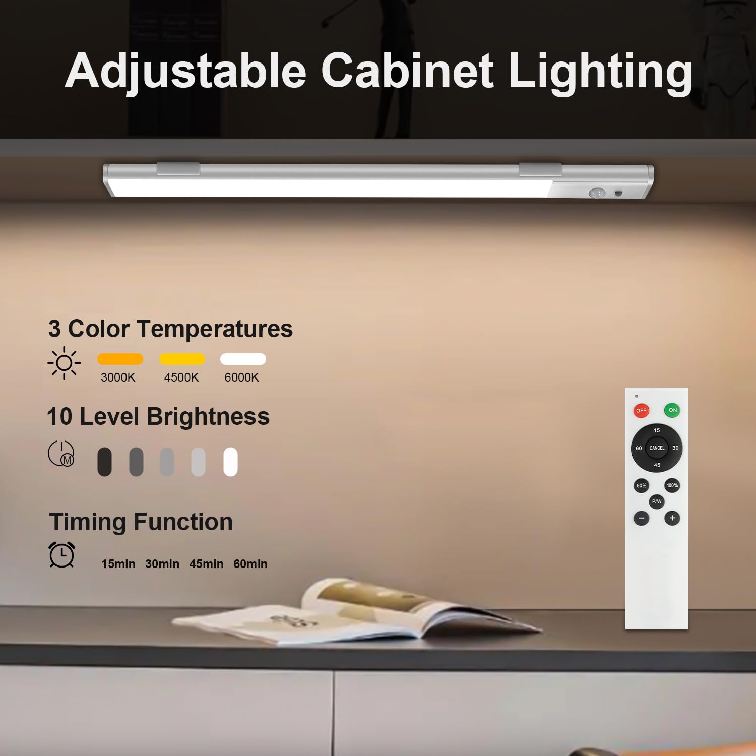 Under Counter Lights for Kitchen, Rechargeable Under Cabinet Lighting Wireless Motion Sensor Light Indoor 64 LED 3 Color Temps Dimmable with Remote for Closet Stairs Wardrobe Hallway 3 Pack