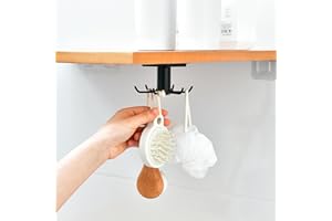 Rotating Kitchen Utensil Hooks, Nail Free Adhesive Kitchen Utensil Hooks with 6 Rotatable Claws Under Cabinet Tools (Black)