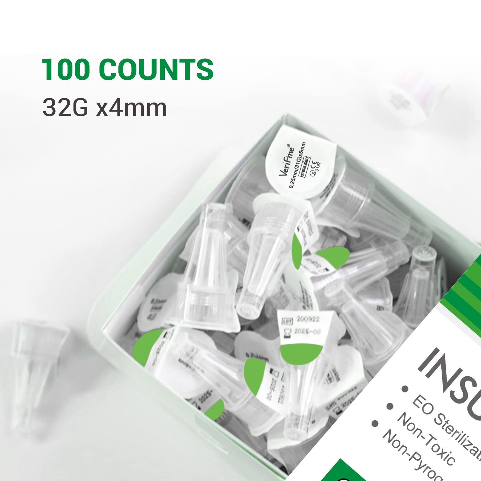 Insulin Pen Needles, 32G 4mm Ultra Fine Pen Needles for Insulin Injection, Compatible with Most Insulin Pens, 0.23mm x 4mm (5/32”) 100 Count