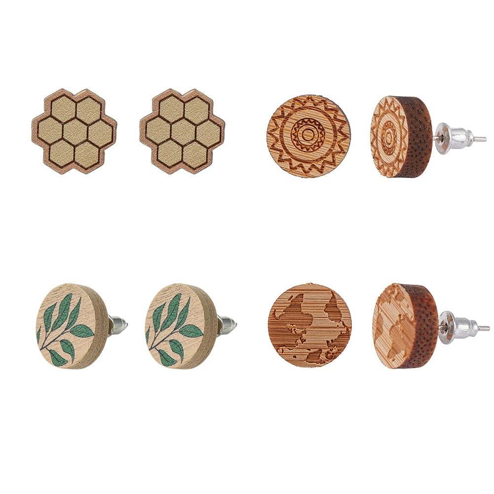 SUNNYCLUE 1 Box 5 Pairs Wood Stud Earrings Set Flat Round Natural Wooden Charms Cabochon Leaf Bee with Stainless Steel Ear Nuts for Women Jewellery Supplies