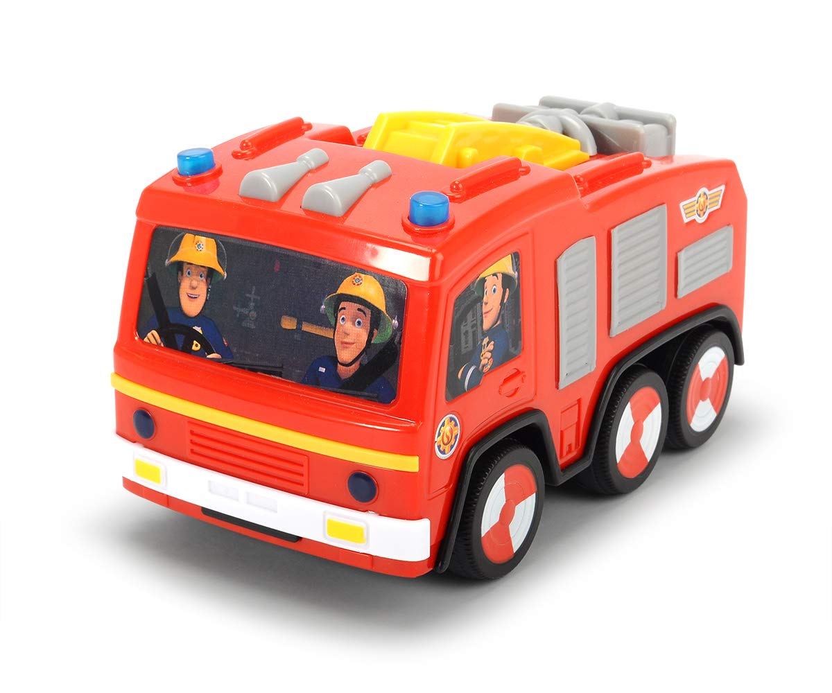 Dickie Toys Fireman Sam Non Fall Jupiter Battery Operated Fire Engine with Drop Stop Stop Stop Table Top Light 14cm