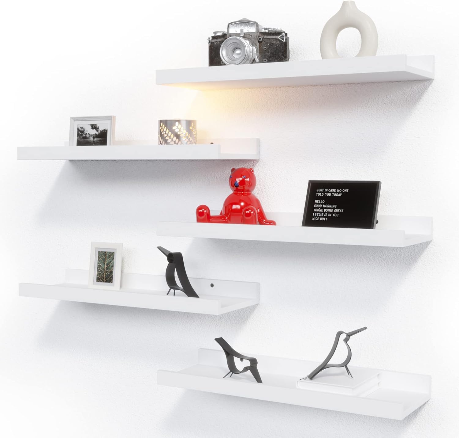 Photo 1 of RICHER HOUSE 5 Set White Floating Shelves, Wall Mounted Shelves for Wall Decor, Modern Picture Ledge Shelf with Lip for Storage Nursery, Bedroom, Living Room, Bathroom - White