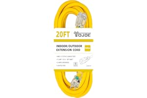 YOJOE 20 Foot Yellow Extension Cord, Lighted Outdoor 12/3 Cord, 12 Gauge 3 Prong SJTW Heavy Duty Extension Cable with 3 Prong Grounded Plug for Safety, UL Listed