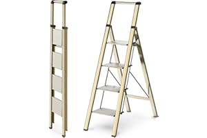 WOA WOA 4 Step Ladder, Ladders for Home, Anti-Slip Pedals, Aluminum Step Stool Foldable, Lightweight to Move, Ease of Storage, Reach 9ft for Closet Kitchen Library, Hold 300lbs - Gold