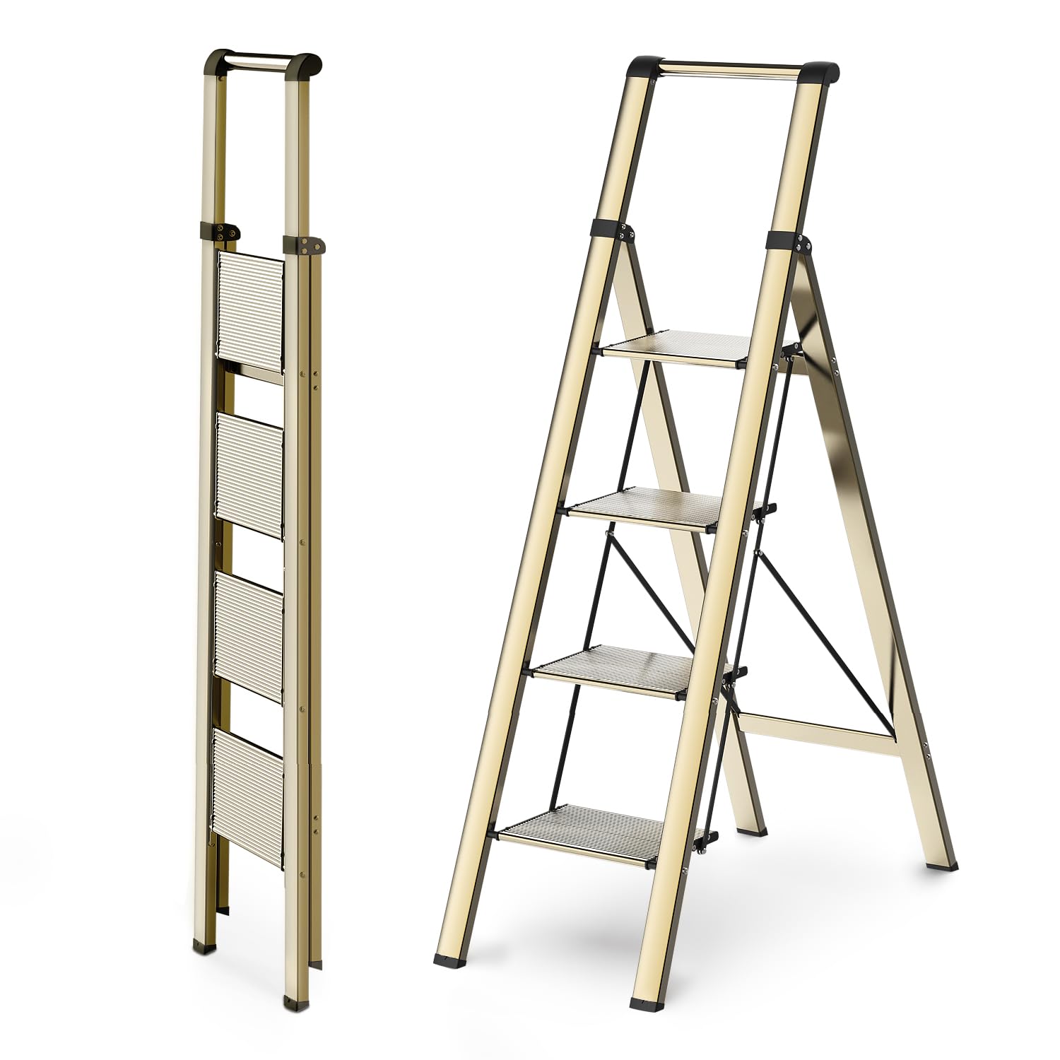 WOA WOA 4 Step Ladder, Ladders for Home, Anti-Slip Pedals, Aluminum Step Stool Foldable, Lightweight to Move, Ease of Storage, Reach 9ft for Closet Kitchen Library, Hold 300lbs - Gold Image