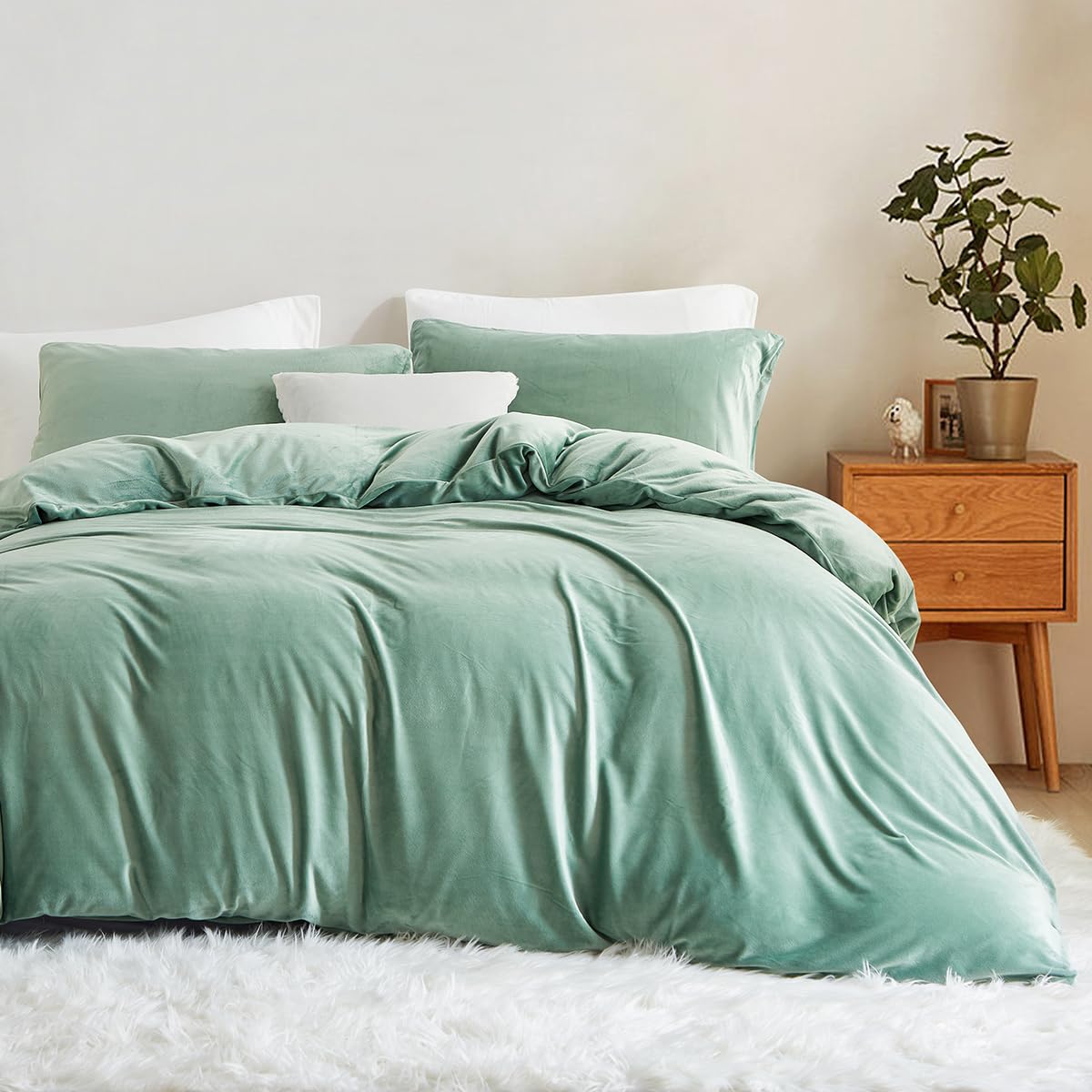 Lanqinglv Warm Duvet Cover Set King Size Green Velvet Flannel Cozy Thick Bedding Set,1 Fleece Winter Quilt Cover with Zipper Closure and 2 Pillowcases — image 1