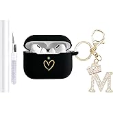 AIIEKZ Compatible with AirPods Pro 3 Case Cover (2025), Soft Silicone Case with Gold Heart Pattern for AirPods Pro 3rd Generation Case with Rhinestone Studded Letter A-Z Keychain (M Black)